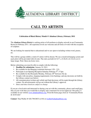 Call to Artists - February Exhibit